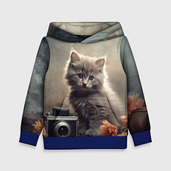 Толстовка-худи детская Серый котенок, винтажное фото, цвет: 3D-синий