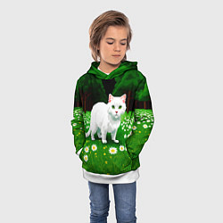 Толстовка-худи детская Белый кот на лугу пиксель арт, цвет: 3D-белый — фото 2