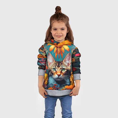 Детская толстовка Дикая кошка в цветах / 3D-Меланж – фото 4