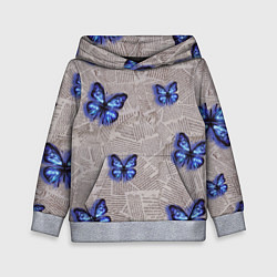 Толстовка-худи детская Газетные обрывки и синие бабочки, цвет: 3D-меланж