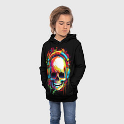 Толстовка-худи детская Яркий череп в наушниках нарисованный красками, цвет: 3D-черный — фото 2