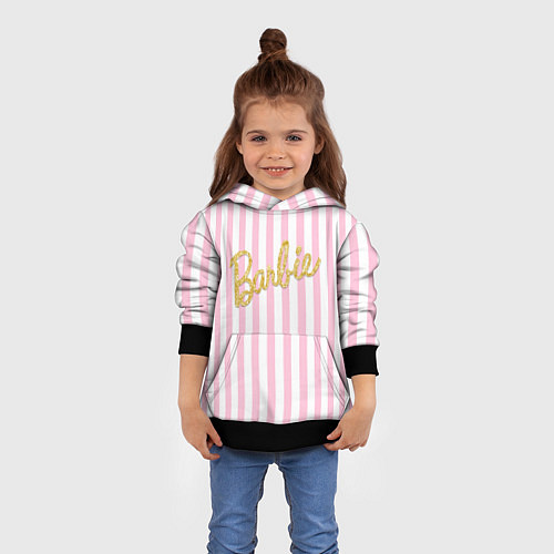 Детская толстовка Barbie - золотая надпись и бело-розовые полосы / 3D-Черный – фото 4