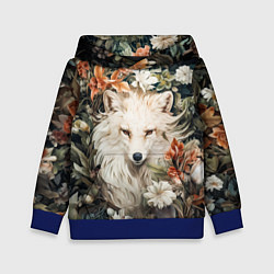Толстовка-худи детская Белая лисица в кустах цветов, цвет: 3D-синий