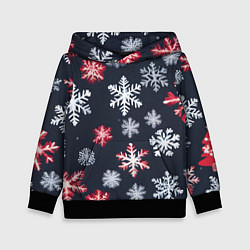Толстовка-худи детская Снежинки белые и красные, цвет: 3D-черный