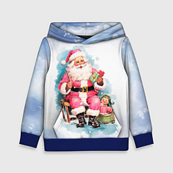 Толстовка-худи детская Акварельный ретро Санта Клаус, цвет: 3D-синий