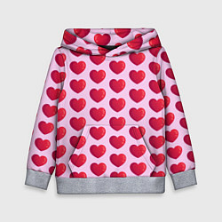 Толстовка-худи детская Красные сердца на розовом фоне, цвет: 3D-меланж