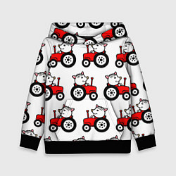 Толстовка-худи детская Поросенок Пётр на красном тракторе, цвет: 3D-черный