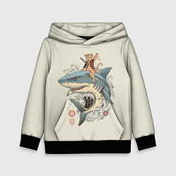 Толстовка-худи детская Кот якудза верхом на акуле, цвет: 3D-черный