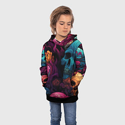 Толстовка-худи детская Яркие цветы с черепами, цвет: 3D-черный — фото 2