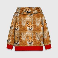 Толстовка-худи детская Лакшери паттерн с золотыми лисицами, цвет: 3D-красный