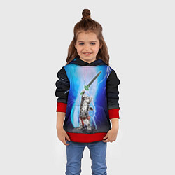 Толстовка-худи детская Кот-рыцарь с мечом экскалибур под молниями, цвет: 3D-красный — фото 2