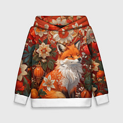 Толстовка-худи детская Умилительный лисёнок в цветах, цвет: 3D-белый