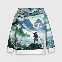 Толстовка-худи детская Самурай на берегу горного озера - нейросеть, цвет: 3D-белый
