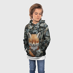 Толстовка-худи детская Спящий лисёнок в листве, цвет: 3D-белый — фото 2