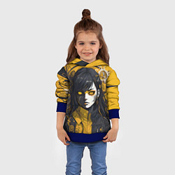 Толстовка-худи детская Девушка в стиле аниме в куртке на жёлтом фоне, цвет: 3D-синий — фото 2