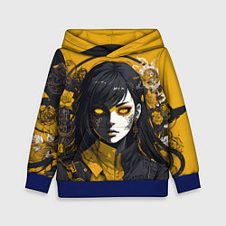 Толстовка-худи детская Девушка в стиле аниме в куртке на жёлтом фоне, цвет: 3D-синий