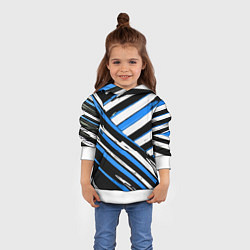 Толстовка-худи детская Бело-синие диагональные полосы на чёрном фоне, цвет: 3D-белый — фото 2
