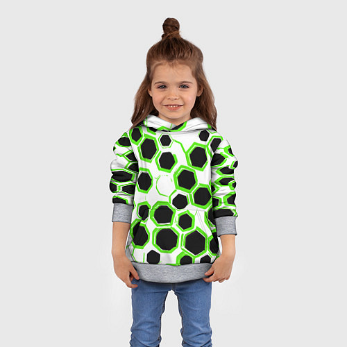 Детская толстовка Чёрно-зелёные шестиугольники на белом фоне / 3D-Меланж – фото 4