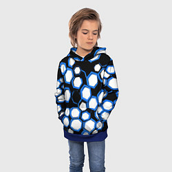 Толстовка-худи детская Бело-синие шестиугольники на чёрном фоне, цвет: 3D-синий — фото 2
