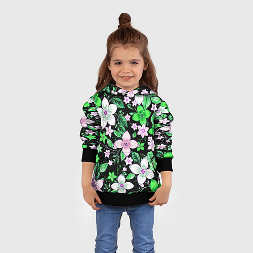 Детская толстовка Зелёно-белые цветы на чёрном фоне / 3D-Черный – фото 4