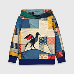 Толстовка-худи детская Пэчворк с фантастической птицей, цвет: 3D-синий