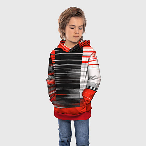 Детская толстовка Белые вертикальные полосы на чёрно-красном фоне / 3D-Красный – фото 3