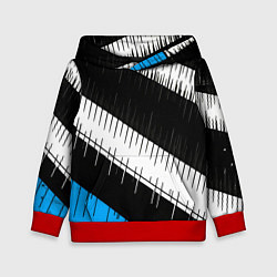 Толстовка-худи детская Диагональные чёрно-белые полосы на синем фоне, цвет: 3D-красный