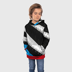 Толстовка-худи детская Диагональные чёрно-белые полосы на синем фоне, цвет: 3D-красный — фото 2
