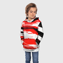 Толстовка-худи детская Горизонтальные чёрно-белые линии на красном фоне, цвет: 3D-белый — фото 2