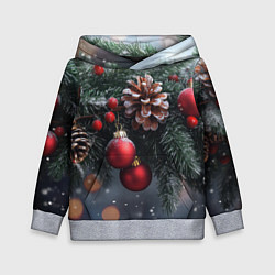 Толстовка-худи детская Красные игрушки на елке и шишки, цвет: 3D-меланж