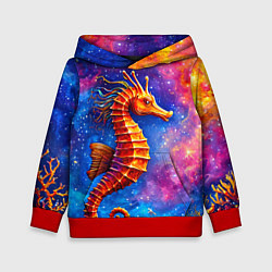 Толстовка-худи детская Морской конек в космосе, цвет: 3D-красный