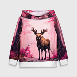 Толстовка-худи детская Лось в розовом лесу, цвет: 3D-белый