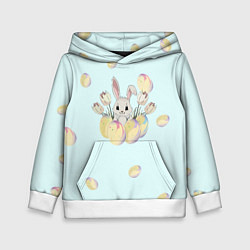 Толстовка-худи детская Кролик радостный с яйцами, цвет: 3D-белый