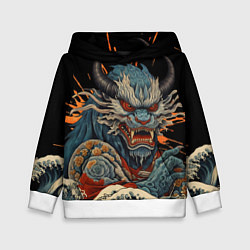 Толстовка-худи детская Японский дракон и волны в стиле тату ирезуми, цвет: 3D-белый