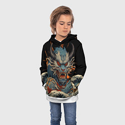 Толстовка-худи детская Японский дракон и волны в стиле тату ирезуми, цвет: 3D-белый — фото 2