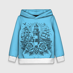 Толстовка-худи детская Маяк с розами и кораблем, цвет: 3D-белый