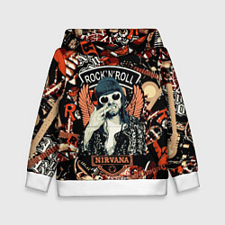 Толстовка-худи детская Nirvana Kurt Cobain на фоне гитар, цвет: 3D-белый