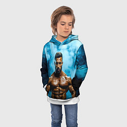 Толстовка-худи детская Бодибилдер в синем дыму, цвет: 3D-белый — фото 2