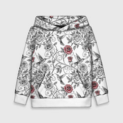 Толстовка-худи детская Колибри и розы, цвет: 3D-белый