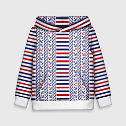 Толстовка-худи детская Полосатый морской орнамент с якорями, цвет: 3D-белый
