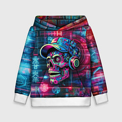 Толстовка-худи детская Кибер чувак череп на фоне граффити - нейроарт, цвет: 3D-белый