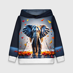 Толстовка-худи детская Геометрический слон и цветные полигоны, цвет: 3D-белый
