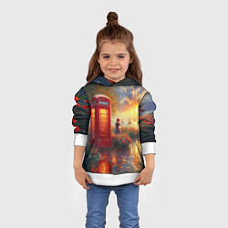 Толстовка-худи детская Пейзаж с красной телефонной будкой, цвет: 3D-белый — фото 2