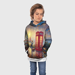 Толстовка-худи детская Женщина у телефонной будки на набережной, цвет: 3D-белый — фото 2