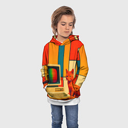 Толстовка-худи детская Кот и винтажный компьютер ретрофутуризм поп-арт 19, цвет: 3D-белый — фото 2