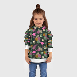 Толстовка-худи детская Фламинго и листья на темно-зеленом, цвет: 3D-белый — фото 2