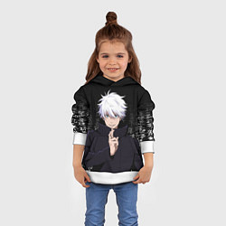 Толстовка-худи детская Годжо Сатору на фоне иероглифов, цвет: 3D-белый — фото 2