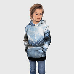 Толстовка-худи детская Снежный горный пейзаж с елями и рекой, цвет: 3D-черный — фото 2