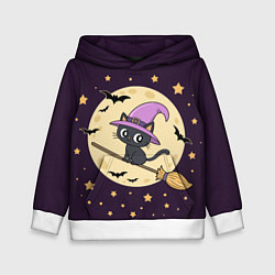 Толстовка-худи детская Хэллоуин, кот на метле, луна, цвет: 3D-белый