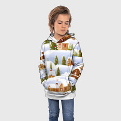 Толстовка-худи детская Новогодние домики и елочки, цвет: 3D-белый — фото 2
